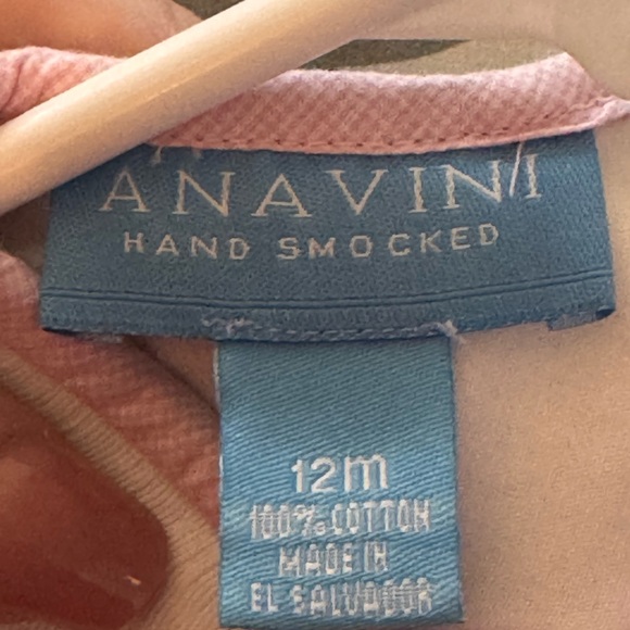 Anavini Hand Smocked Pink Dress Baby 12M Gingham Blue Bird Bow - Picture 6 of 8